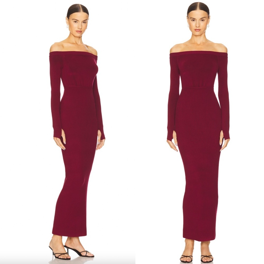 Michael Costello x REVOLVE Off Shoulder Bodycon Maxi Knit Dress in Maroon